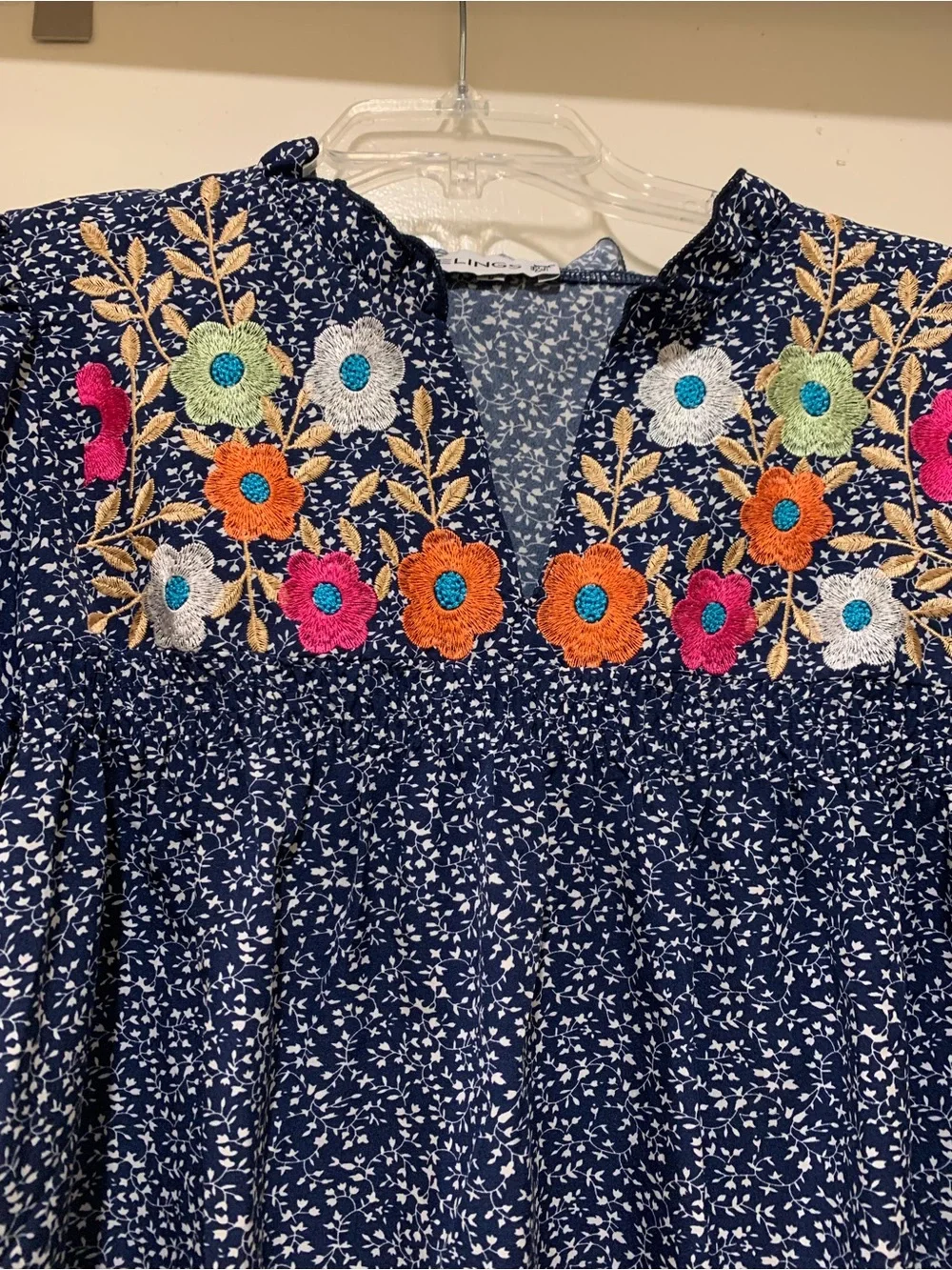 Navy Floral Embroidered Short Sleeve Blouse - Picture 2 of 5